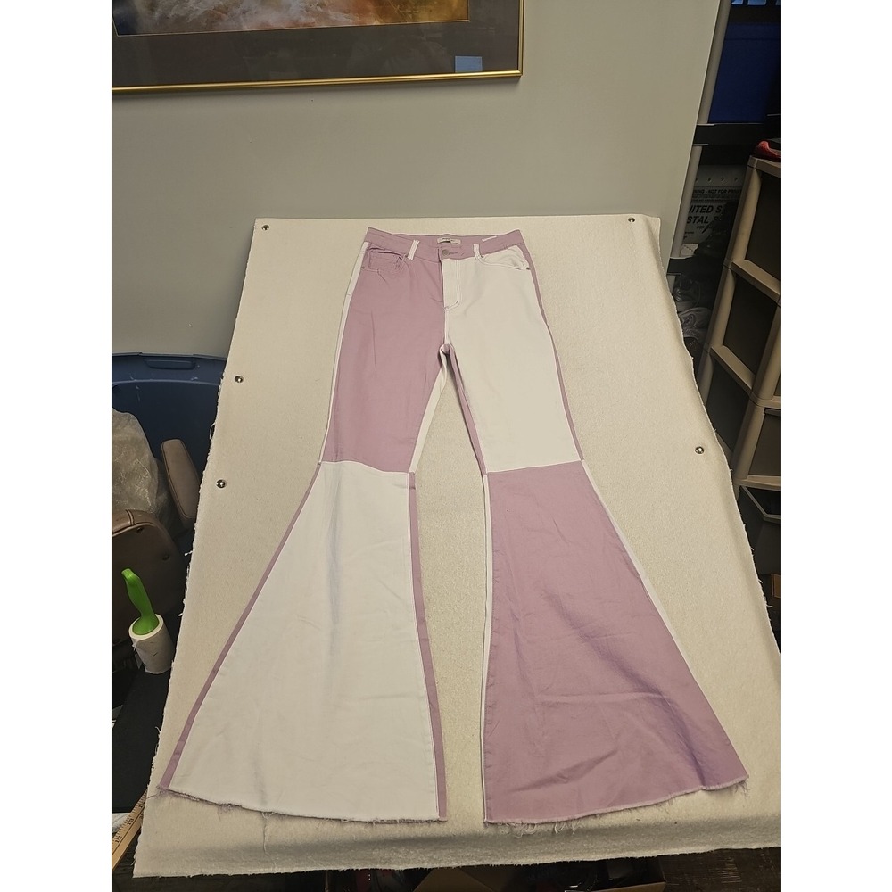 American Bazi Two Tone Color Block Flare Jeans Lavender White Bell Bottoms 29W